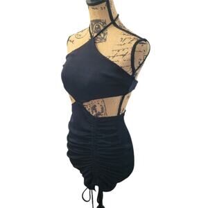 Princess Polly black halter mini dress, size 4, side cut outs, ruched, stretchy